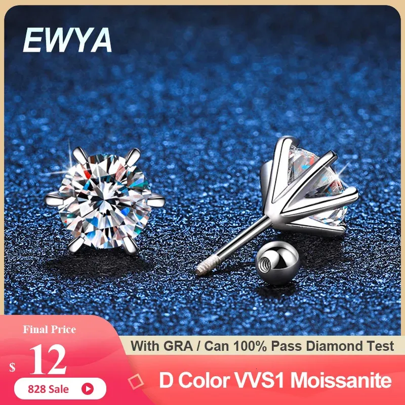 Stud EWYA S925 Sterling Zilveren Oorbellen 052ct D 6 Prong Diamant Schroef Voor Vrouwen Bruiloft Fijne Sieraden 231101