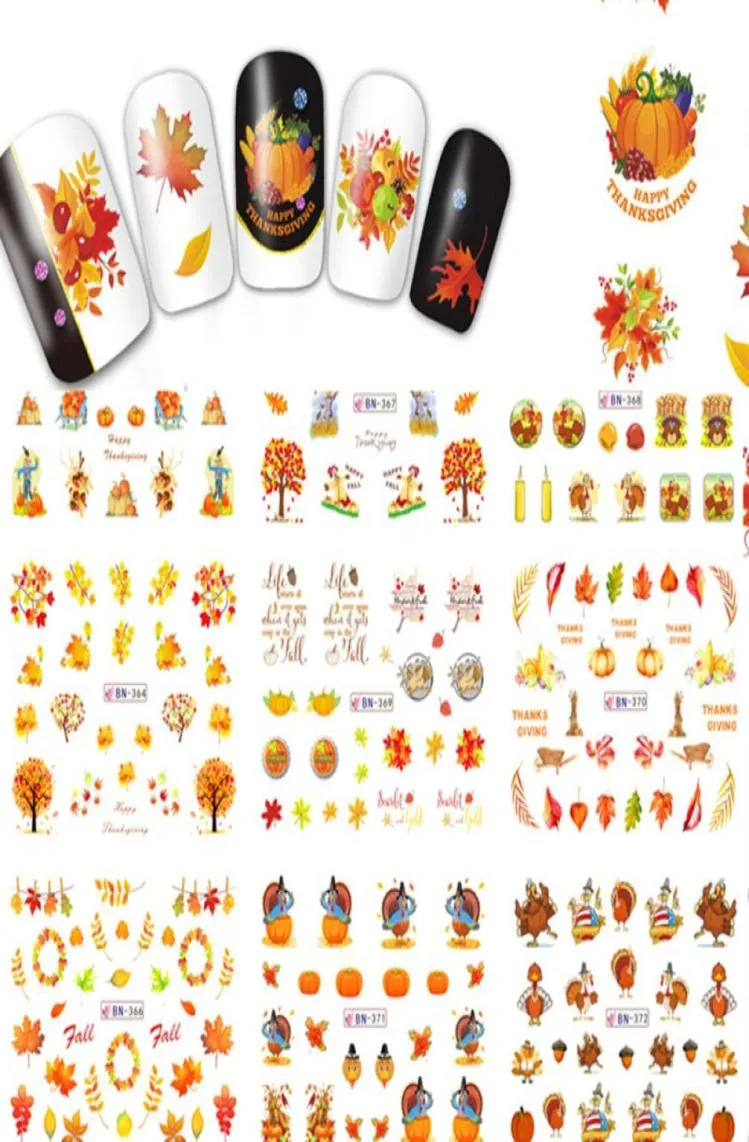 12 Mönsterblad Thanksgiving Water Decals Yellow Pumpkins Autumn Harvest Nail Art Transfer Sticker 2517CM Sheet5159507