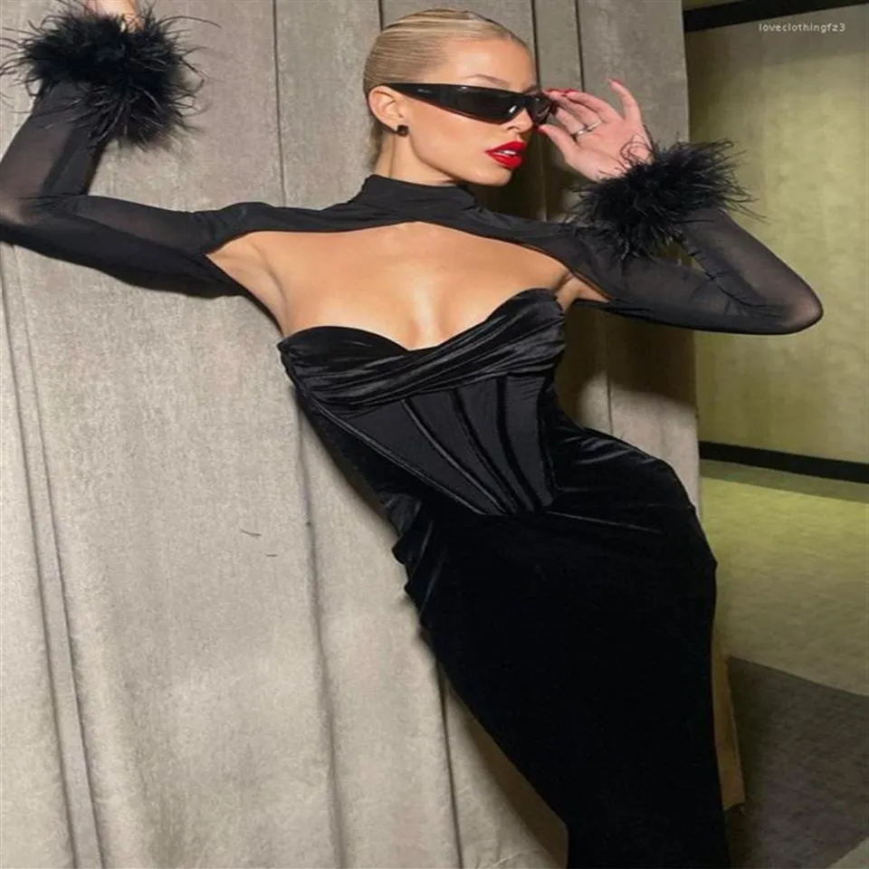 Casual Dresses Evening Party Velvet Black Corset Dress With Feathers Mesh Long Sleeve Bodycon Maxi Arrivals 2023 C16-DZ30287g