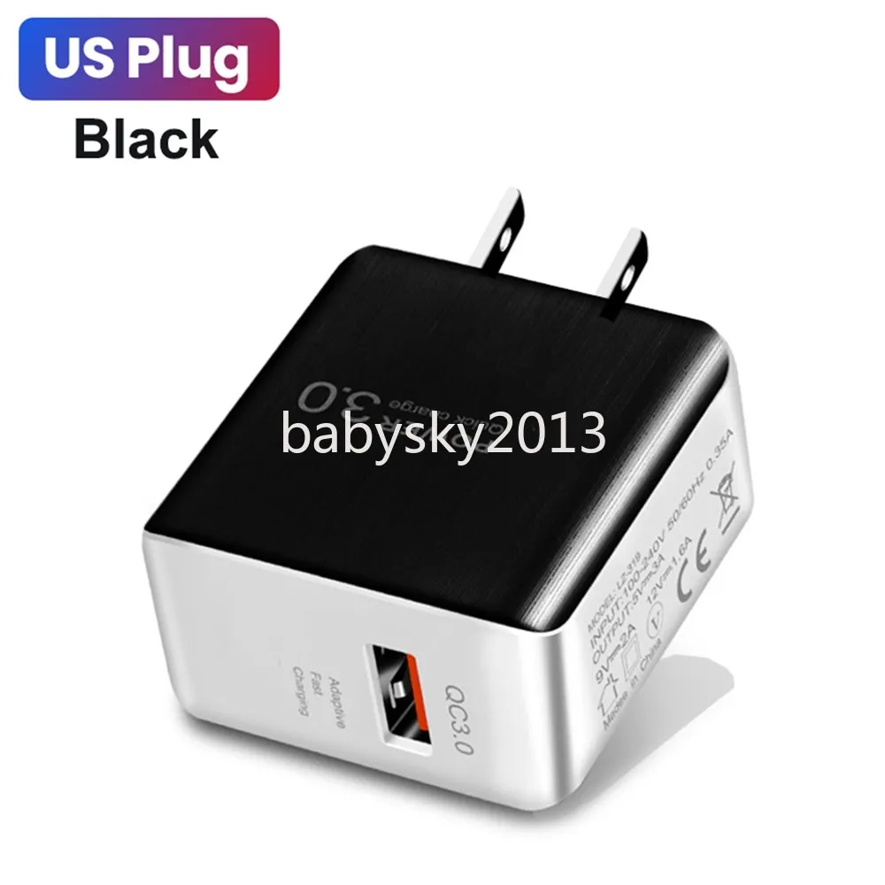 Snabb snabb laddning 18W 3A QC3.0 USB Väggladdare Strömadaptrar för iPhone 12 13 14 15 Pro Samsung S22 S23 Huawei LG B1