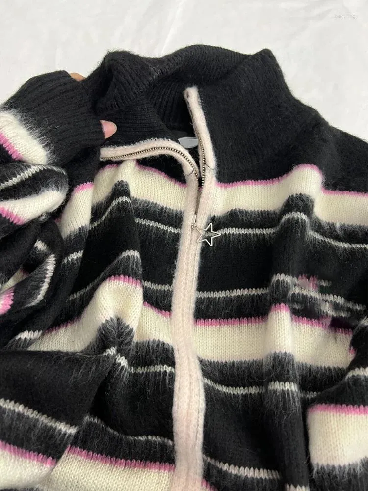 Women's Knits Women Black Gothic Striped Cardigan Knit Two-tone Sweater 90s Harajuku Korean Vintage Long Sleeve Jumper Sweaters 2000s