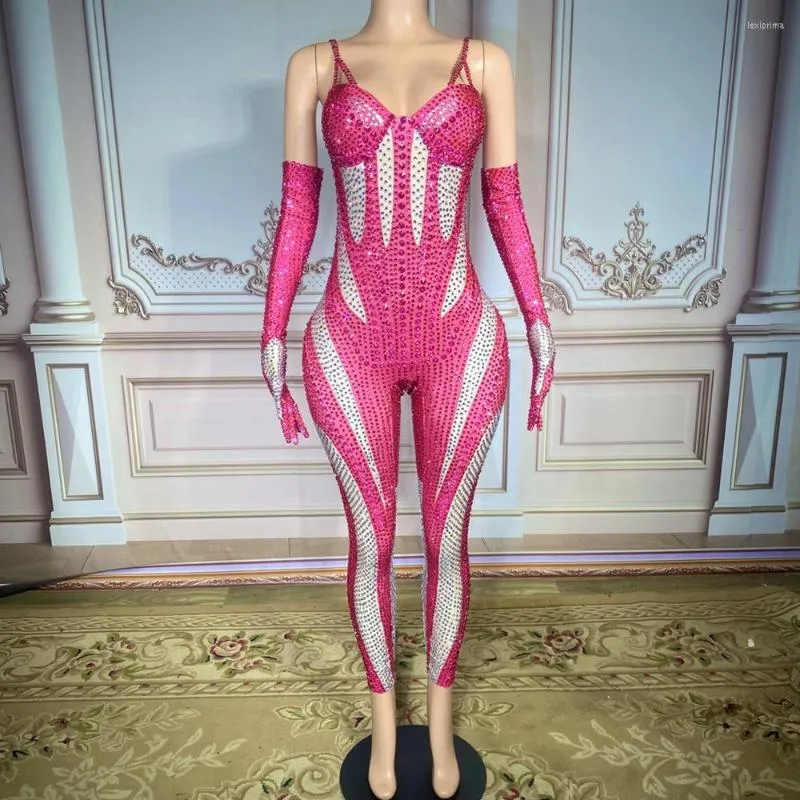 Rhinestone Jumpsuit Gloves Set Sexy Chinese Folk Dance Costume for Women Spandex ROSE RED 2024 Prom Party Outfit Singer DJ Nightclub Show
