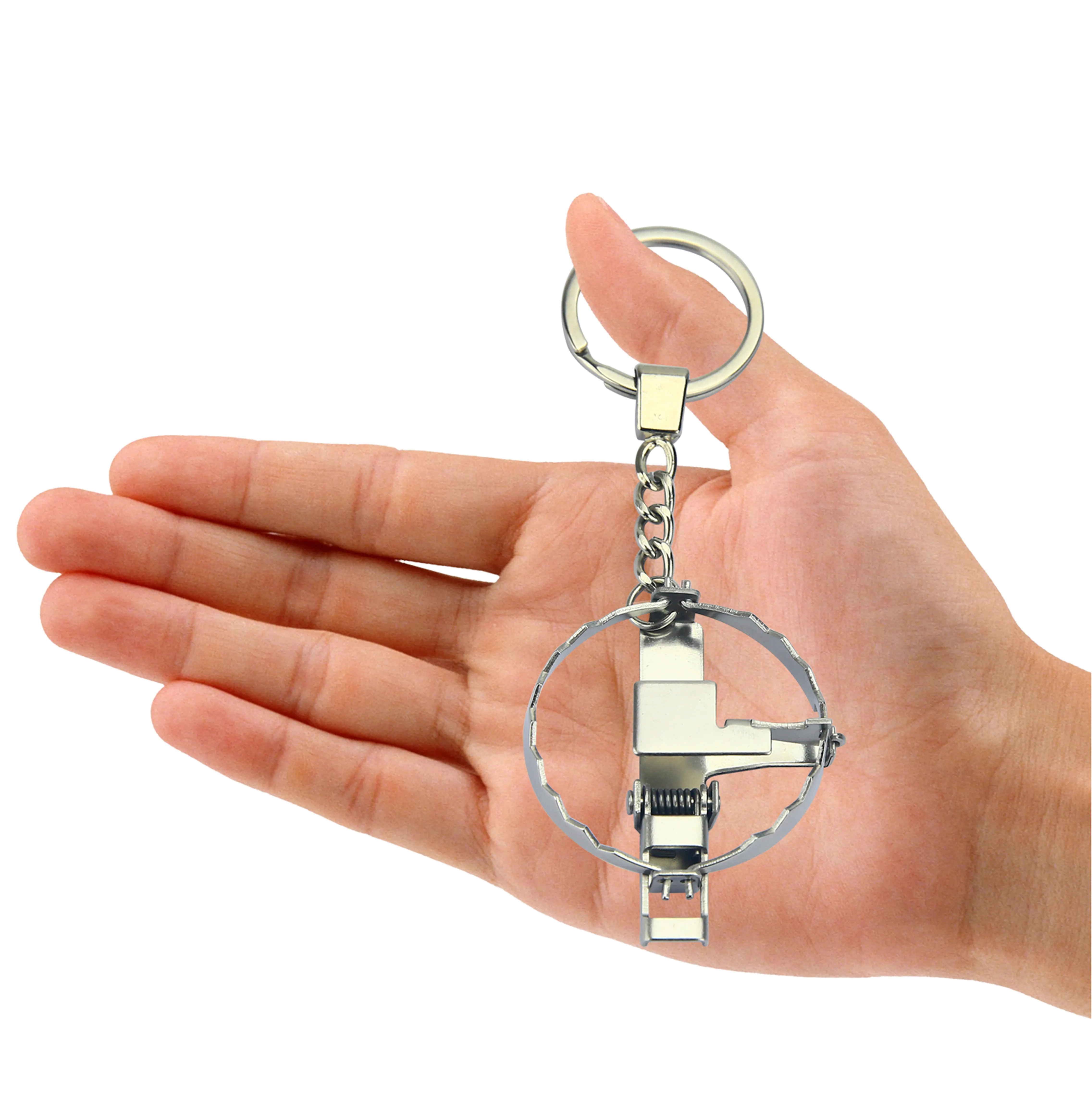 Mini Bear Trap Metal Keychain Silvery Novelty Gift for Big Kids