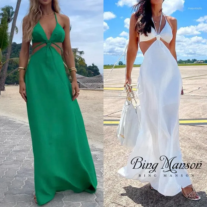 Robes décontractées 2023 femmes Maxi robe été Sexy licou sans manches dos ouvert découpe solide à lacets col en v taille plage