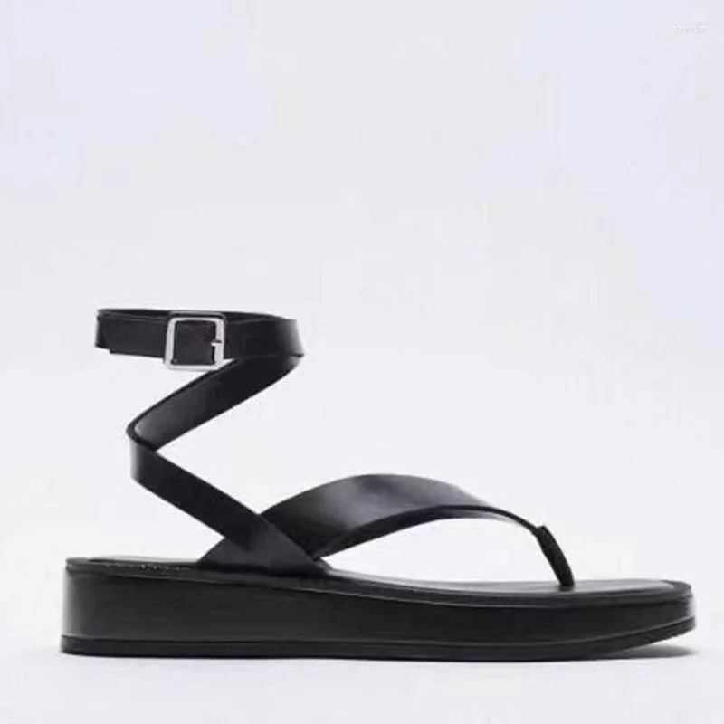 Sandals 2023 Summer Women's Shoes Black Lace-up Flat Leather Fashion Flip-flops Platform For Women
