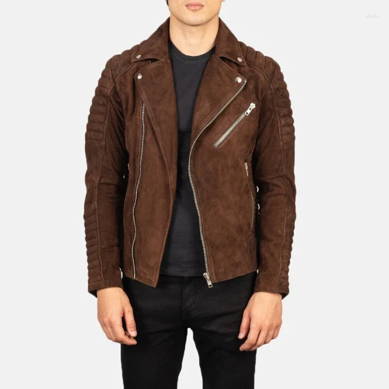 Herrjackor Brown Suede Leather Jacket quiltad Biker Real Lambskin