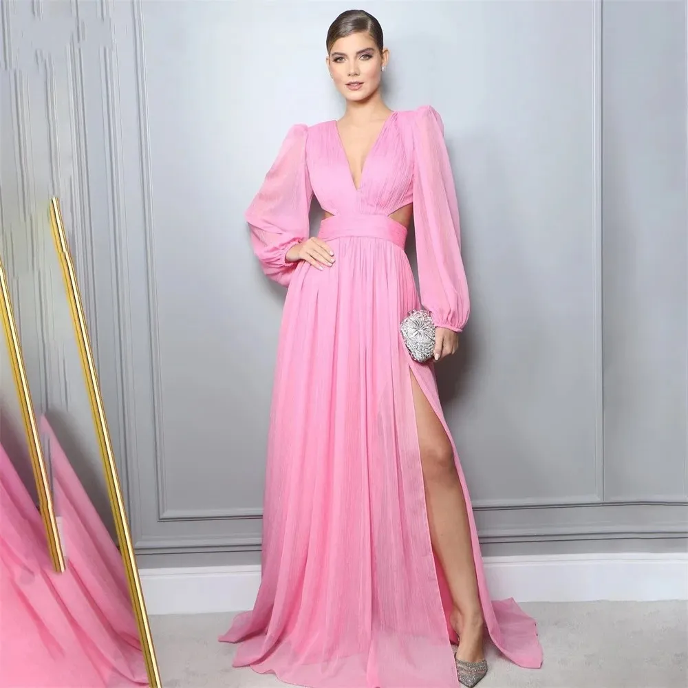 Sexig V Neck Pink Blush Long Evening Dress 2024 A-Line Long Sleepes Cut Out Chiffon Formal Party Prom Gowns Celebrity Wear Custom Size Robe de Soiree