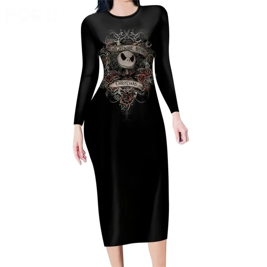 Noisydesigns Fashion Women Sexy Long Sleeves Dress Nightmare Before Christmas Printing Vinatge Casual Bodycon Maxi Club Vestidos 2283n