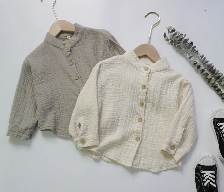 Barnskjorta Autumn Baby Boys Cotton Linen Shirts Pure Color Korean Style Standup Collar Toddlers Kids Long Sleeve Shirts Tops 230331