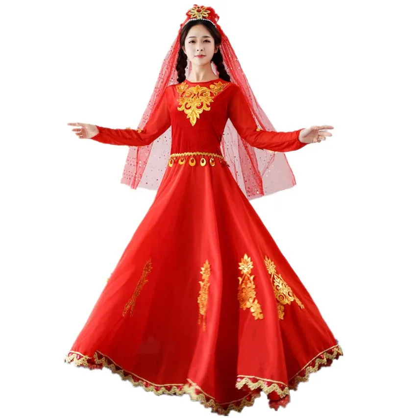 Red Stage wear India sari suit Xinjiang Ethnic clothing Performances costume Adult Uygur dance long dress