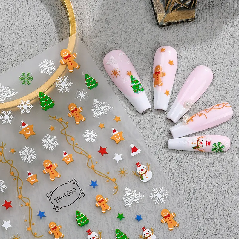 6 fogli adesivi natalizi per nail art pupazzo di neve decalcomanie autoadesive per unghie 3D Babbo Natale fiocco di neve