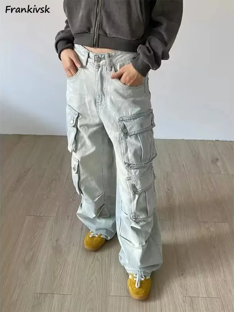 Kvinnors jeans Autumn Jeans Kvinnor Personlighet Hip Hop Japanese Safari Style Full längd Multi Pockets Baggy Streetwear Washed Denim Trousers 231102