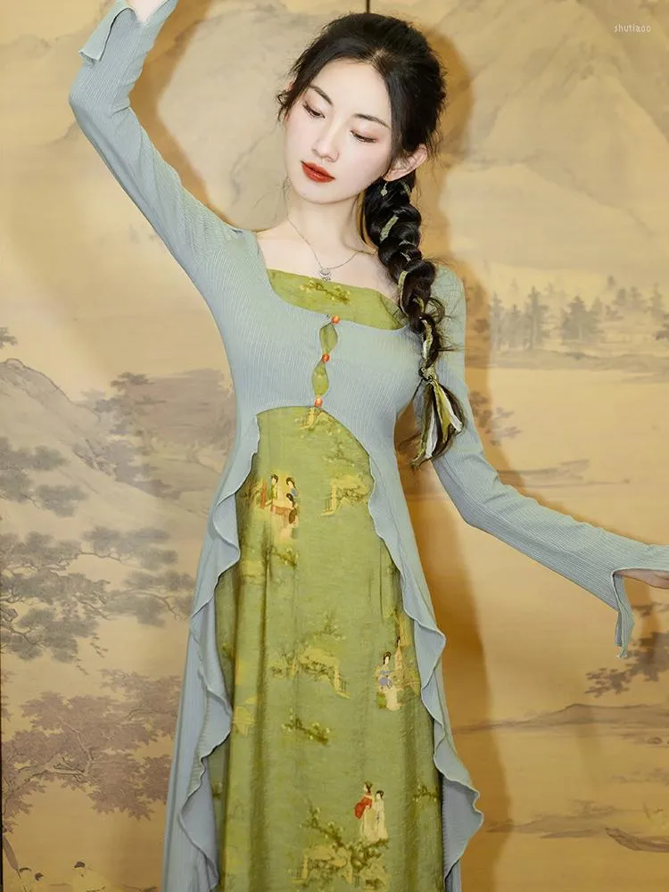 Vestidos de trabajo Estilo chino con volantes Cárdigan de punto Impreso Halter Falda Traje de hadas 2023 Moda Mujer Elegante Conjunto de dos piezas Damas