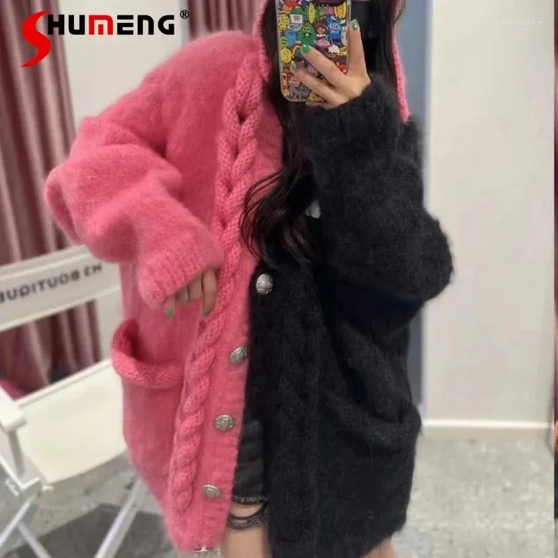 Frauen Strick Patchwork Warme Pullover Mantel 2023 Herbst Winter Mohair Temperament Wilden Strickjacke Jacke Outwear Weibliche