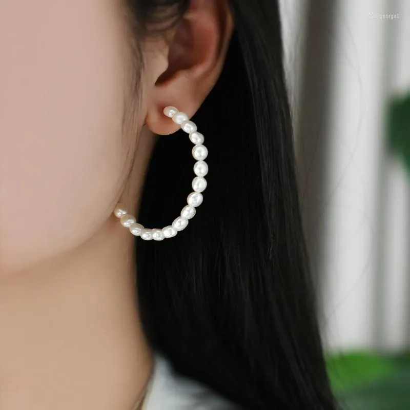 Hoop Earrings Fashion Korean Natural Freshwater Baroque Pearls 925 Sterling Silver Circle For Women Gift
