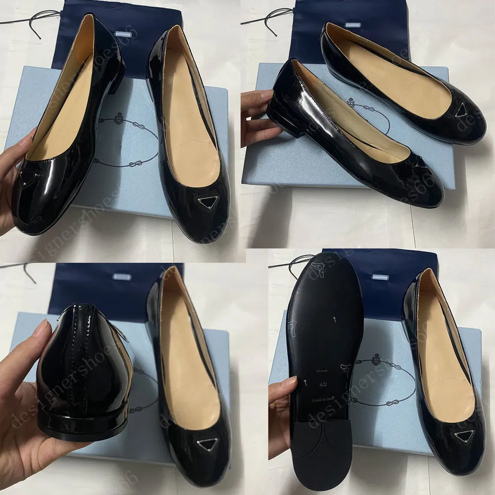 Patent leather ballerinas Black 1F200 Enameled metal triangle logo Rubber sole Womens designer ballerinas shoes flat Business Leisure comfort dress shoes 35 42