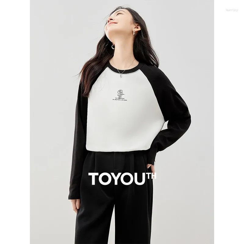 女性のTシャツTOYOUTH WOMEN TEES2023冬コントラストラグランスリーブラウンドネックルーズTシャツレターフラワープリントカジュアル用途トップス