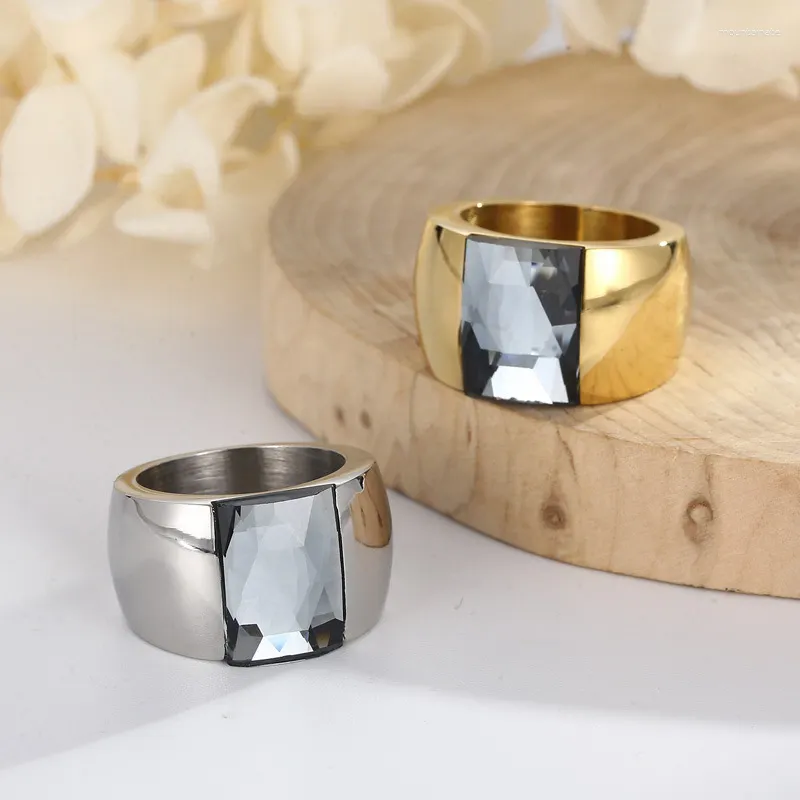Anéis de casamento masculino boêmio grande retângulo pedra de vidro cor prata 316l aço inoxidável joias de noivado para mulheres