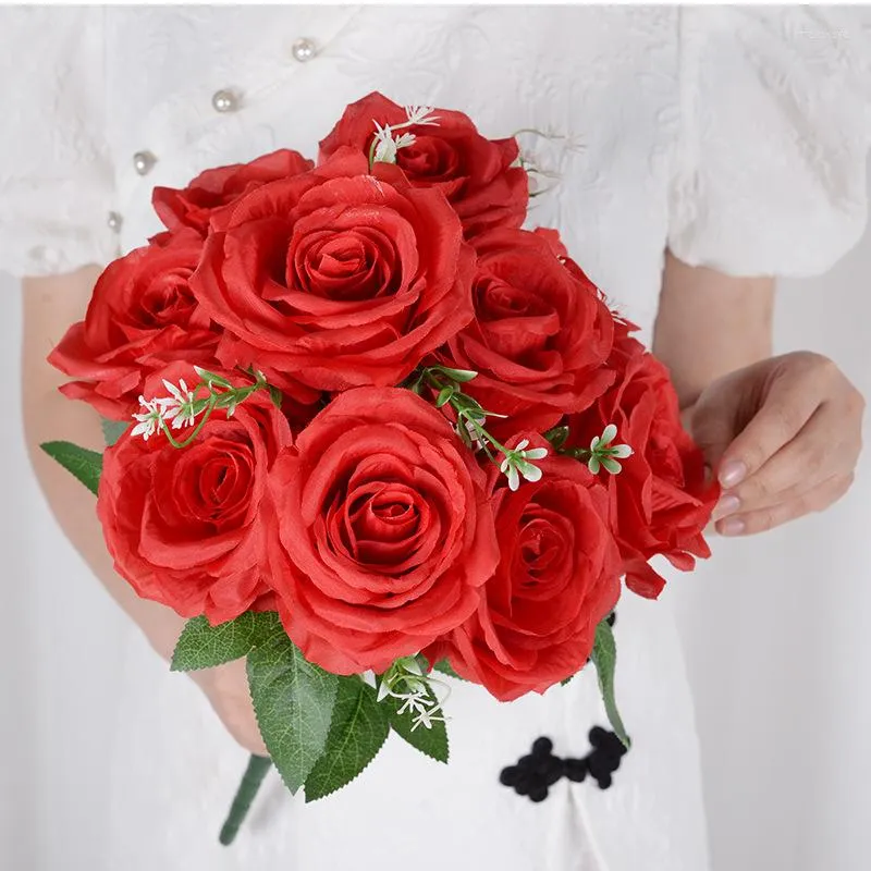 Decorative Flowers 10 Heads 45cm Artificial Silk Red Rose Bouquets Simulation Fake Wedding Bouquet Home Living Room El Decoration