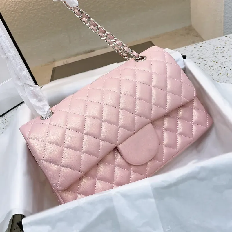 2022Ss Радужная жемчужно-розовая классическая сумка с двойным флипом, серебряная металлическая цепочка, сумка через плечо, дизайнерская сумка, сумка высокого качества, 25 см