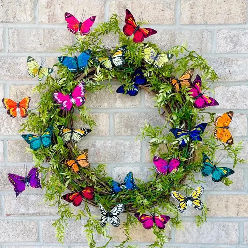 Decoratieve Bloemen Garland Vlinders Krans Groen Vakantie Decor Voor Lente Voordeur Plastic Kunstmatige Klimop Versieren Simulatie 18inch