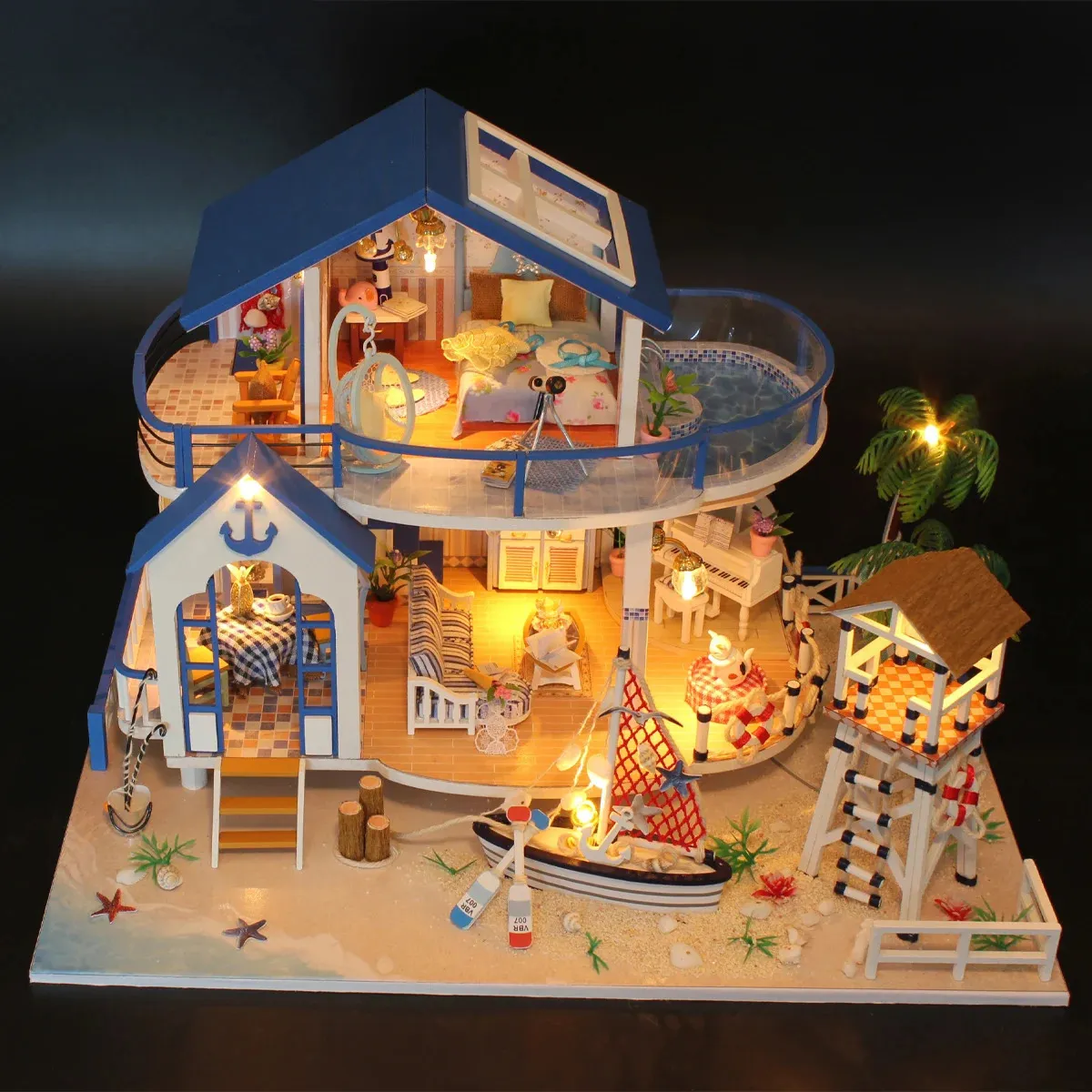 Accessoires voor poppenhuis Modelbouwpakket Assemblage aan zee Villa DIY Miniatuur Handgemaakte 3D Puzzel Speelgoed Thuis Creatieve Kamer Slaapkamer Decoratie 231102