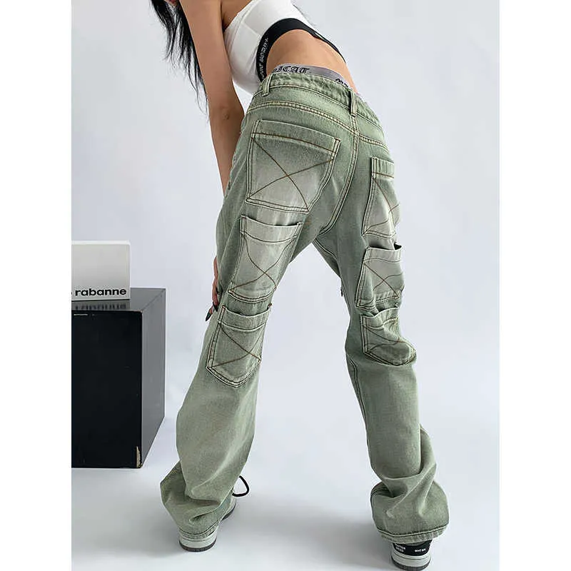 Women's Green Jeans Vintage Washed Multiple Pockets Wide Leg Pants Casual Street High Waist Baggy Denim Trouser Ladies Summer