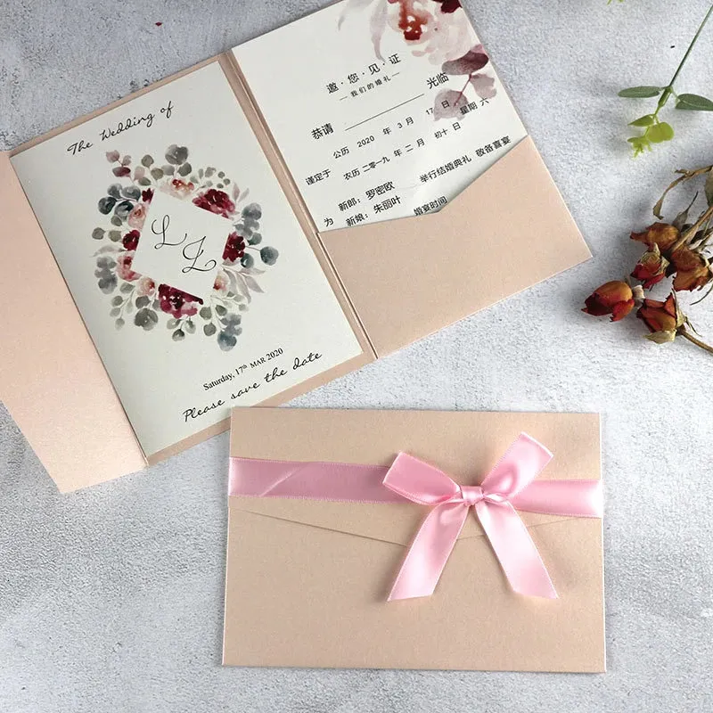 بطاقات المعايدة 25 مجموعة Tri-Fold Pocket Pink Pink Wedding Card في الخارج المشاركة الصينية الخامس عشر معمودية عيد ميلاد الدعوات البسيطة IC160 231102