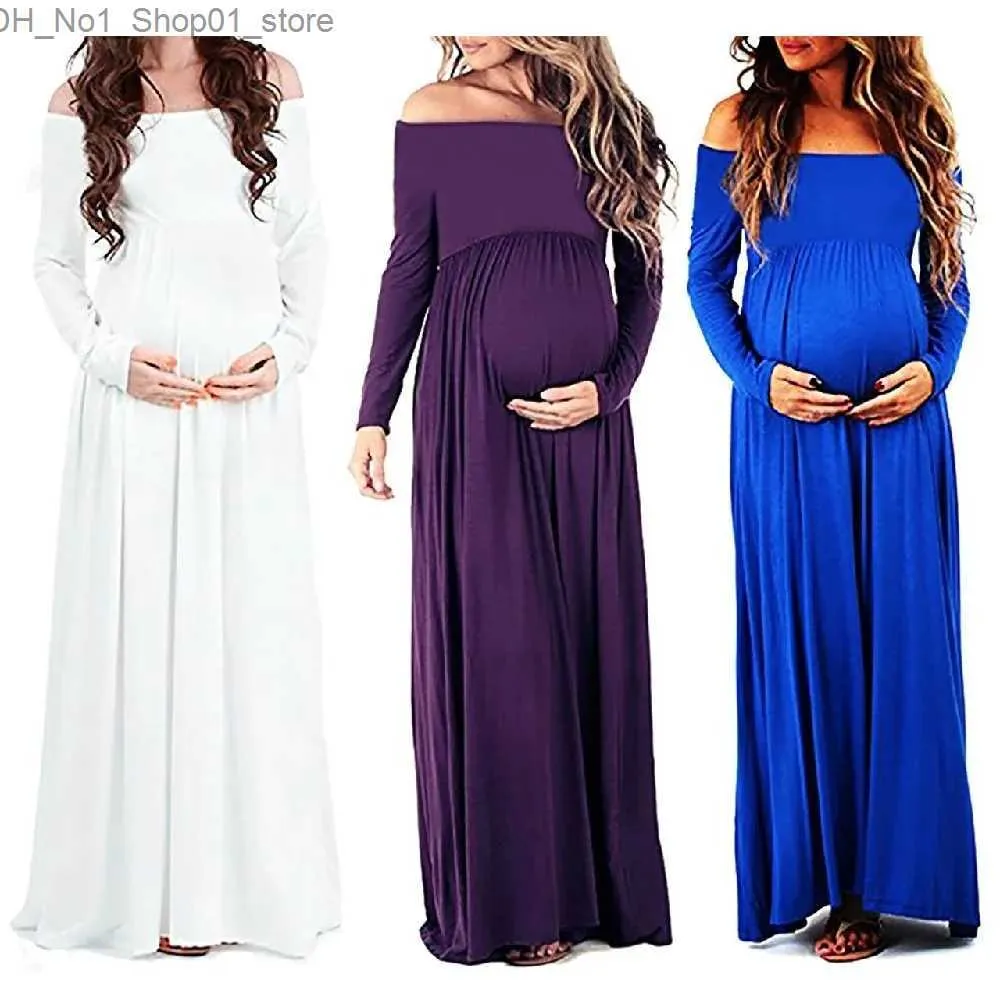 Maternity Dresses Maternity Off Shoulders Photoshoot Long Sleeve Half Circle Photography Gown Empire Waist for Baby Shower Photo Props Dress Q231102