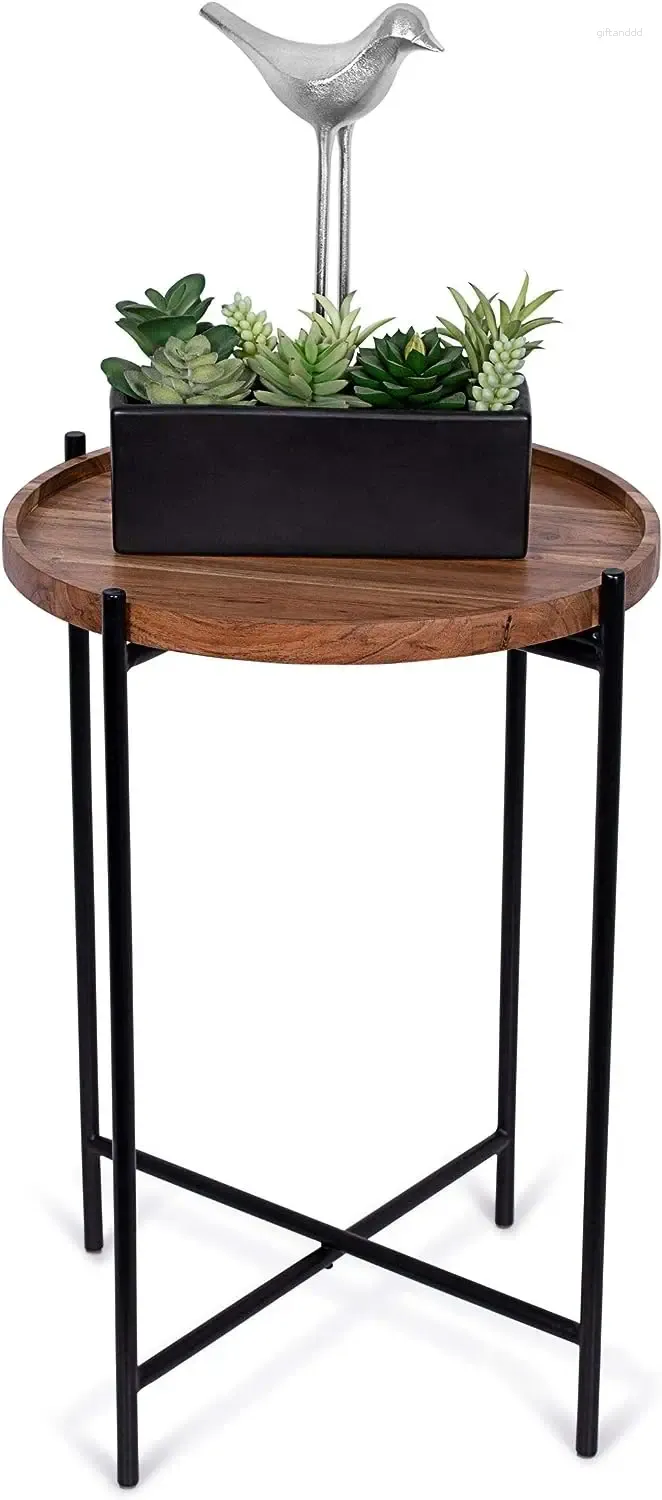 Tea Trays Side Table With Removable Wood Tray - Black Metal Foldable Nightstand Indoor Use Only Coffee Drinks Food Serving Dec