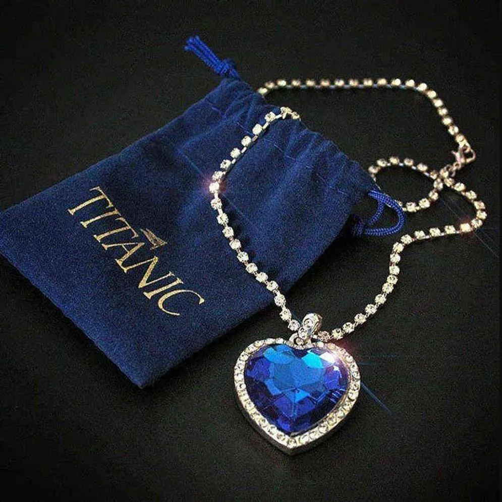 Titanic Heart of Ocean coração azul amor para sempre pingente colar bolsa de veludo Y1218177E