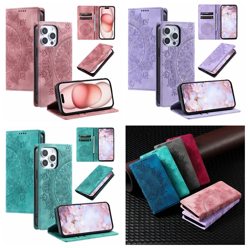 Datura Flower Leather Wallet Wallet for iPhone 15 Plus 14 Pro Max 13 12 11 XR XS X 8 7 6 Suck Magnetic Closure Magnetic Smorsed Totem Card Slot Mandala Cover Cover Pouch