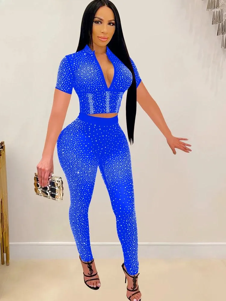Womens Two-Piece Blue Rhinestone Crystal Skinny Set with Zipper Top and  Ankle-Length Leggings from Dhgate Womens Two Piece Pants - price 43.0