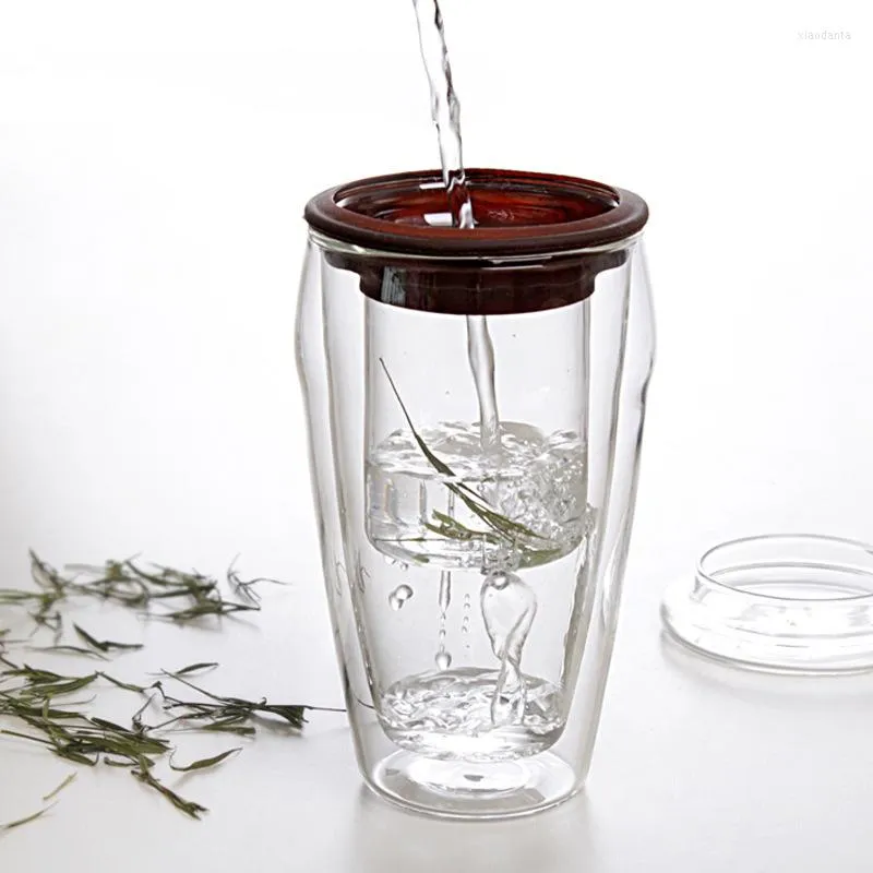 Tazas 450 ml Colorida silicona de doble capa Negocio de vidrio con taza de fuga de té Taza de filtro redondo creativo transparente