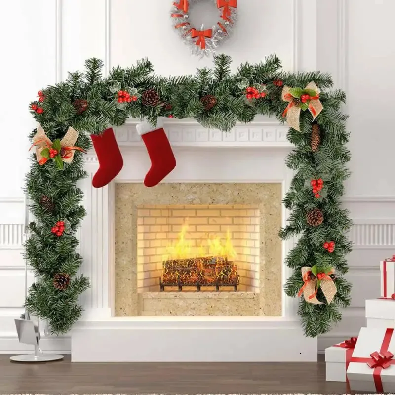 装飾的な花の花輪の花輪pvc人工木ラタンガーランドクリスマスリース飾り180cmドア暖炉の花輪鮮やかなクリスマスラタン231102