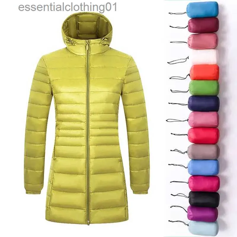 Women's Down Parkas Ladies Long Warm Down Coat with Portable Storage Bag Women Light Down Jacket Women's Overcoats Hip-Length High Street L231102