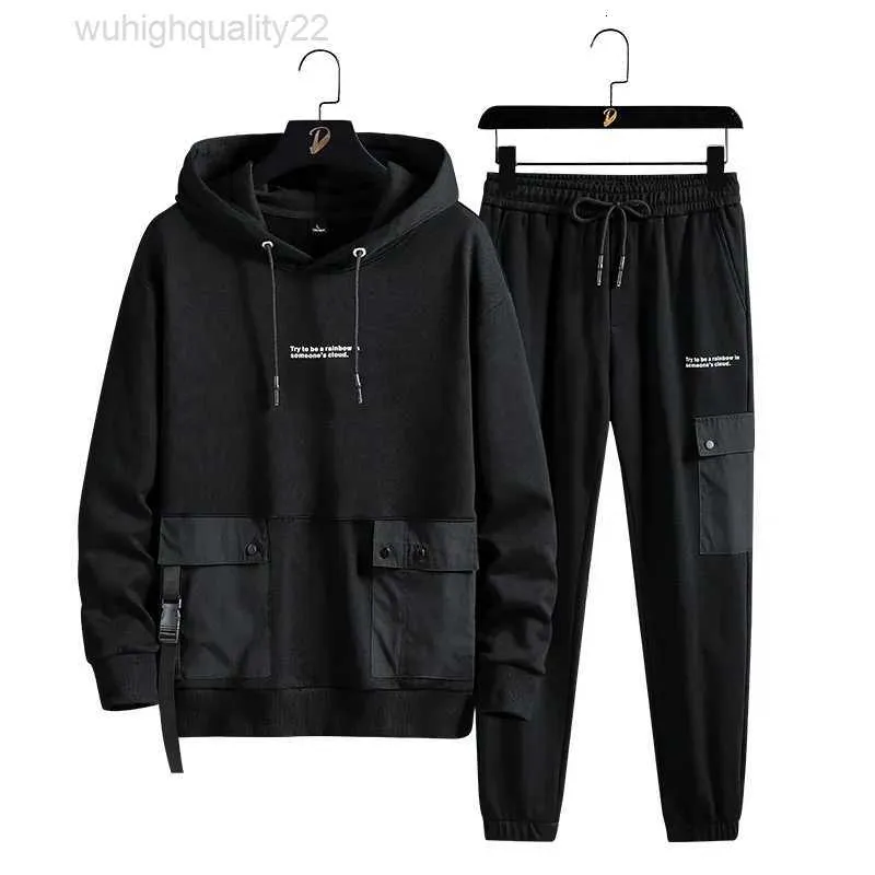 Herrfjäderhöst Multi-Pockets Plus Size Tracksuit Men Streetwear Black Grey Pullover Hoodie Pants 2 Piece Set Sport MWHC