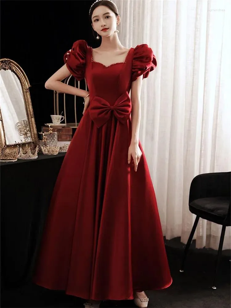 Party Dresses Wine Red Dress For Women Spring Summer Solid Color Beaded Bow Square Collar Short Sleeve Long A-line Skirt Female Clothing