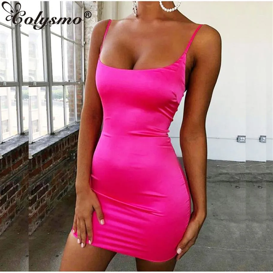 Colysmo estiramento cetim mini vestido feminino sexy cintas magro ajuste bodycon vestido de festa neon verde rosa vestido de duas camadas robe femme j190294k