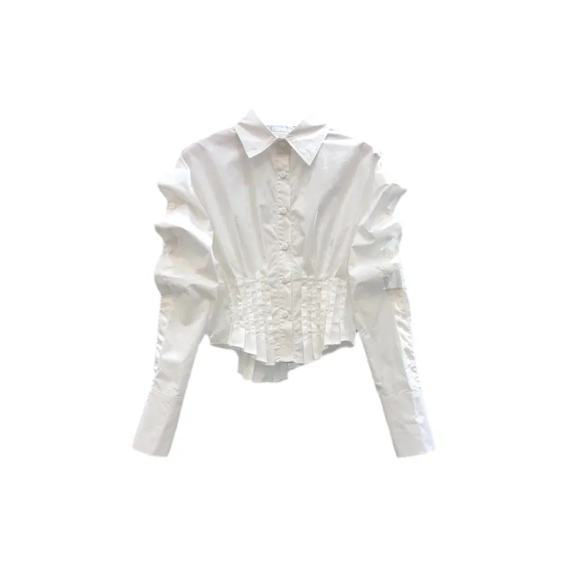 Dames wit kleur turn-down kraag gedrapeerd lange mouwen geplooid hoge taille kort shirt SMLXL
