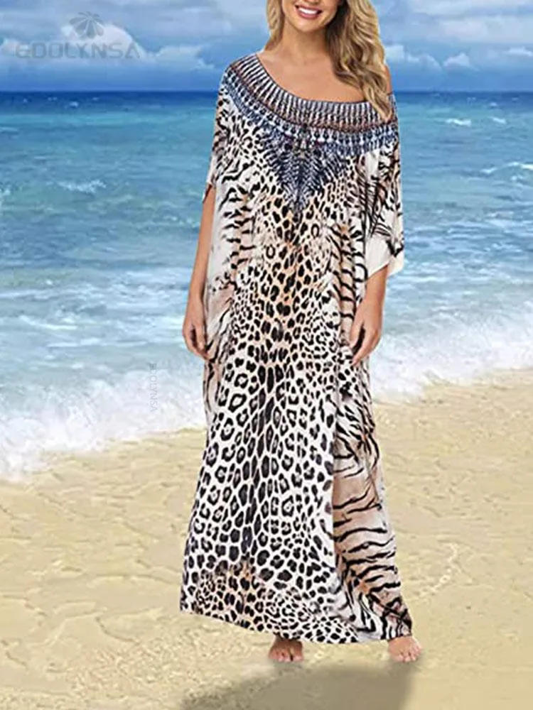 Lässige Kleider Bohemian Leopardenmuster Kaftan Tunika Strandkleid Damen Sommer Beachwear Plus Size Halbarm Slash Neck Long Q1205Casual