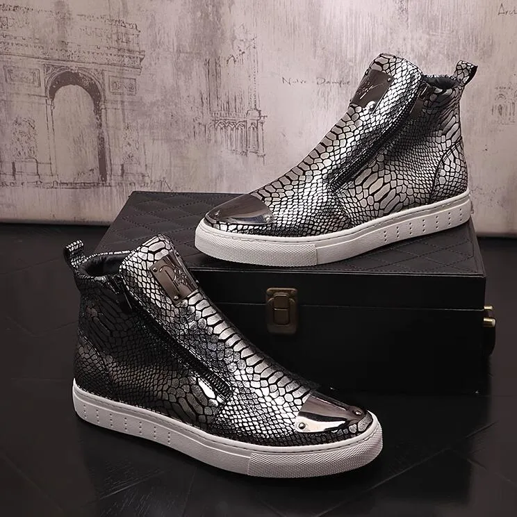 Sequins High-top Shoes Men's Shoes Nightclub Fashion Men's Board Shoes zipper Silver Cowhide Short Boots 10A49