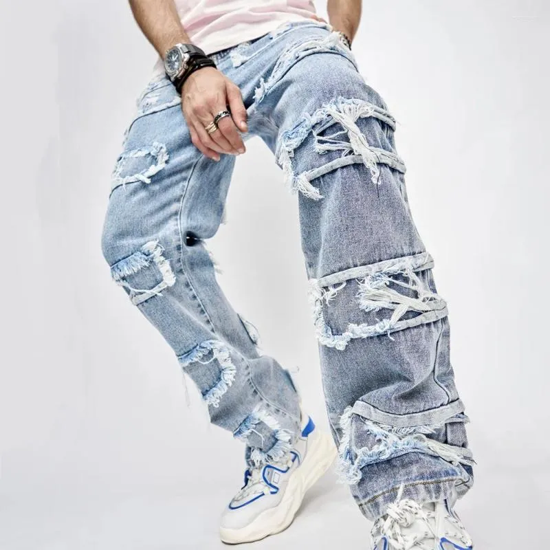 Jeans da uomo Combhasaki Uomo Y2K Vintage Casual Moda Sfilacciati Pantaloni lunghi in denim strappato Primavera Autunno Pantaloni dritti larghi con tasche
