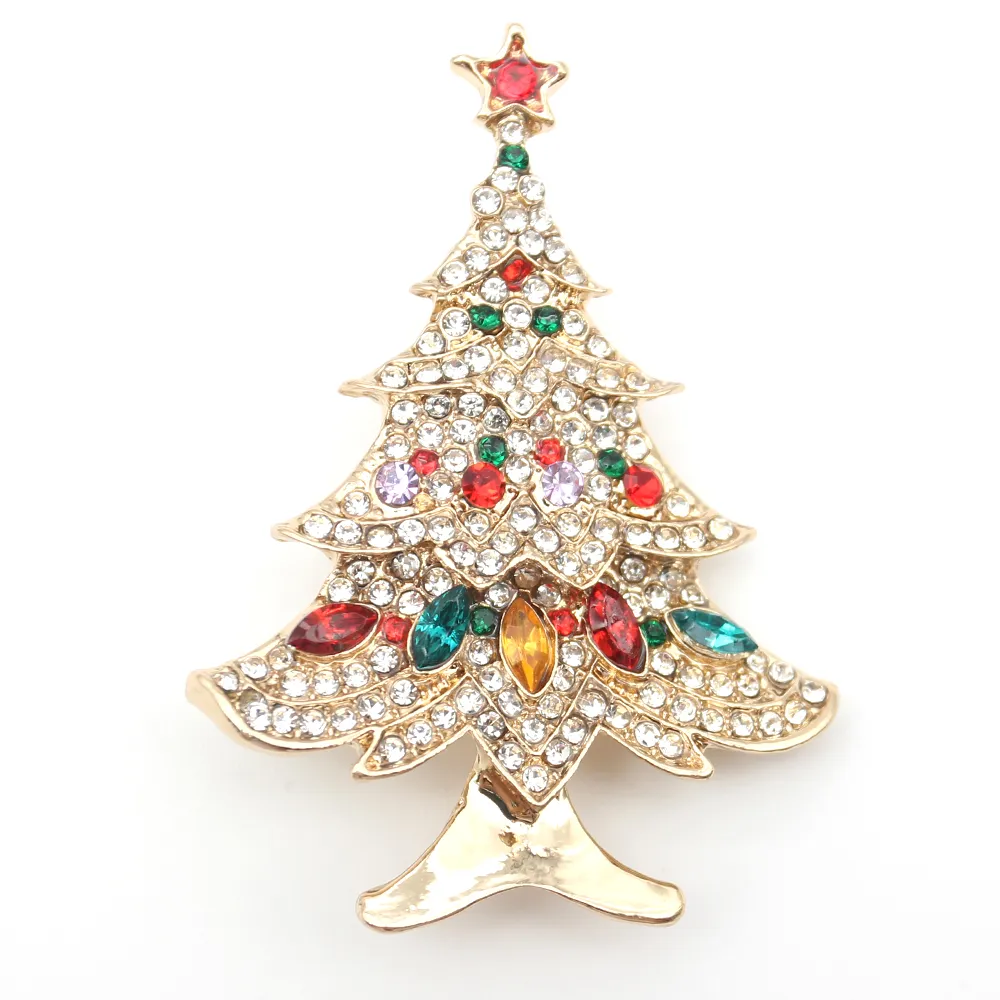 Broches de árbol de Navidad con diamantes de imitación, broche de vacaciones de Navidad de cristal chapado en oro para mujer