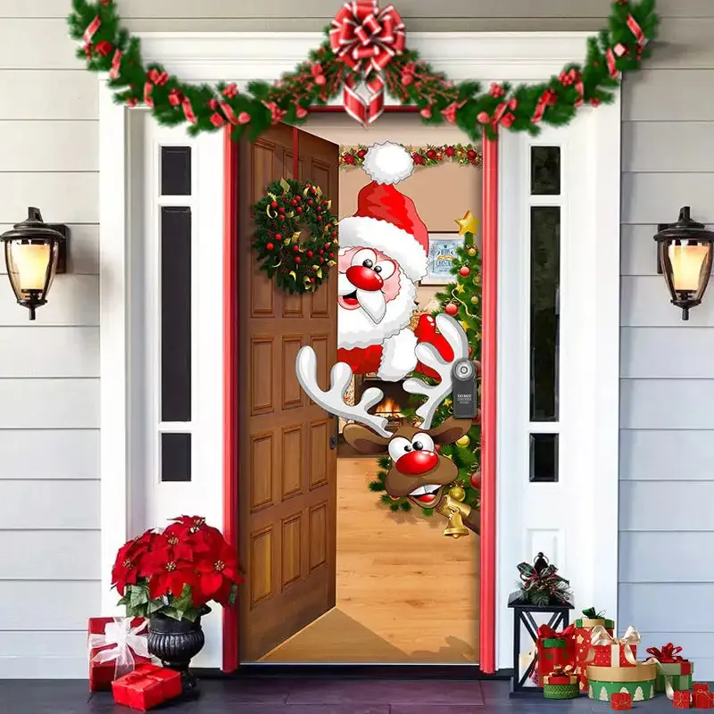 クリスマスの装飾の前のナイトメアクリスマスの屋外装飾小道具クリスマスエルフのドアカバーパーティーハウスドアのためのサンタクリスマスバックドロップバナー231102