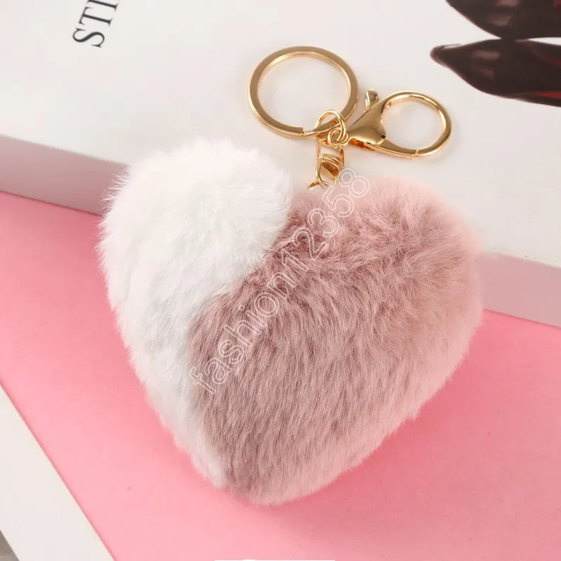 Fancy Double Contrast Color Plush Key Chain Fluffy Heart Shaped Soft Toy Fur Rabbit Pom Pom Keychain