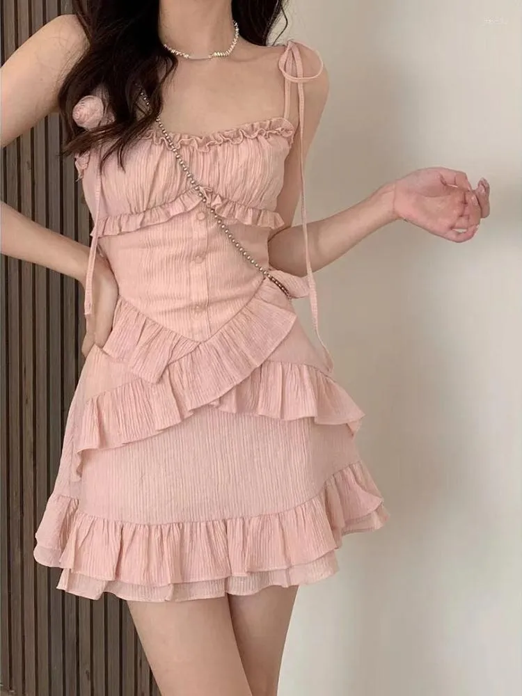 Robes décontractées 2023 coréen été rose sangle robe même fête vêtements d'extérieur une pièce bureau dame sans manches plage Style Y2k Mini