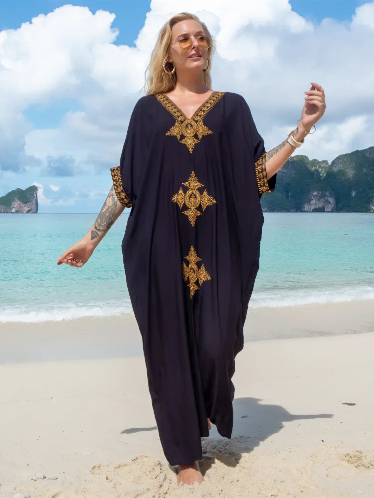 Dames badmode elegant goud geborduurd Long Kaftan retro v-neck zwarte maxi jurk vrouwen zomer kleding strand slijtage zwempak cover Up Q1373 230331