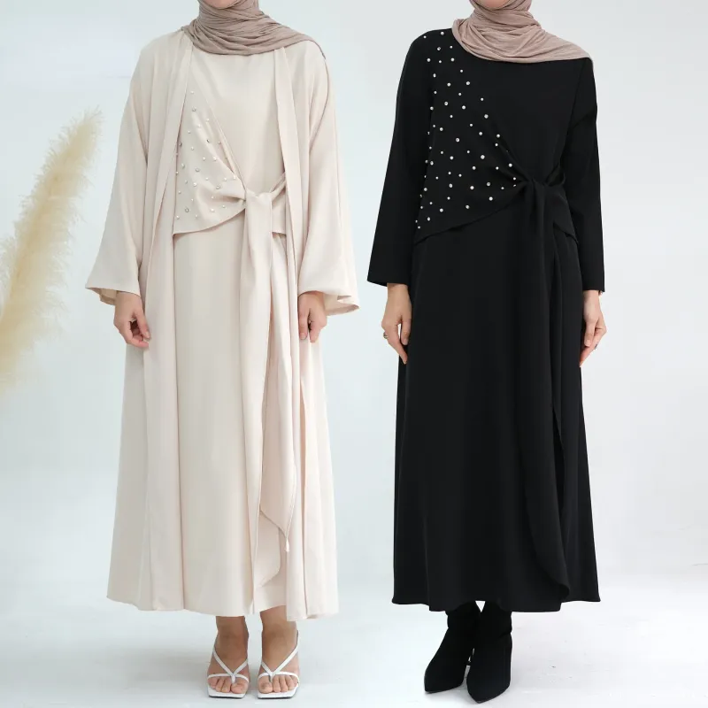 Abbigliamento etnico 2 pezzi Abaya Dress Set Kimono musulmano Abaya per le donne Kaftan Robe Beads Turchia Abiti lunghi da sera Dubai Modest Islam