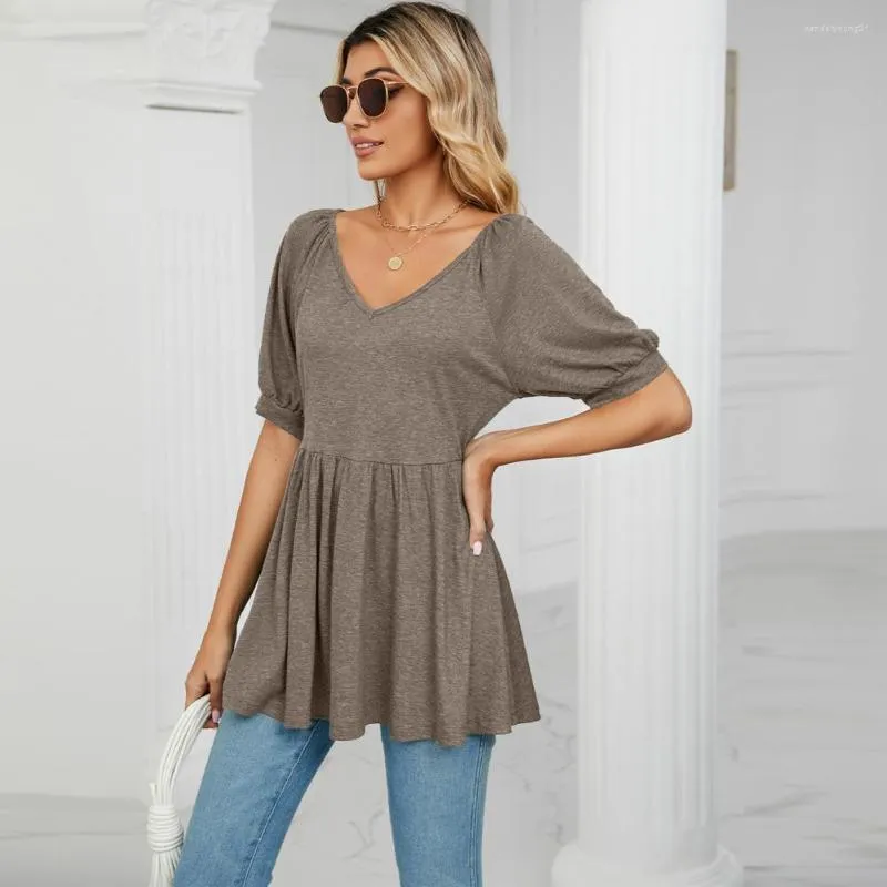 Dames blouses dames zomer top midden lengte v nek t-shirt losse zoom halve mouwen strakke taille verkleed vaste kleur puff dame